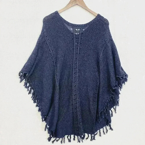 Loft Knit Sweater Cape Fringe M/L Navy Blue 7689C - Picture 2 of 8
